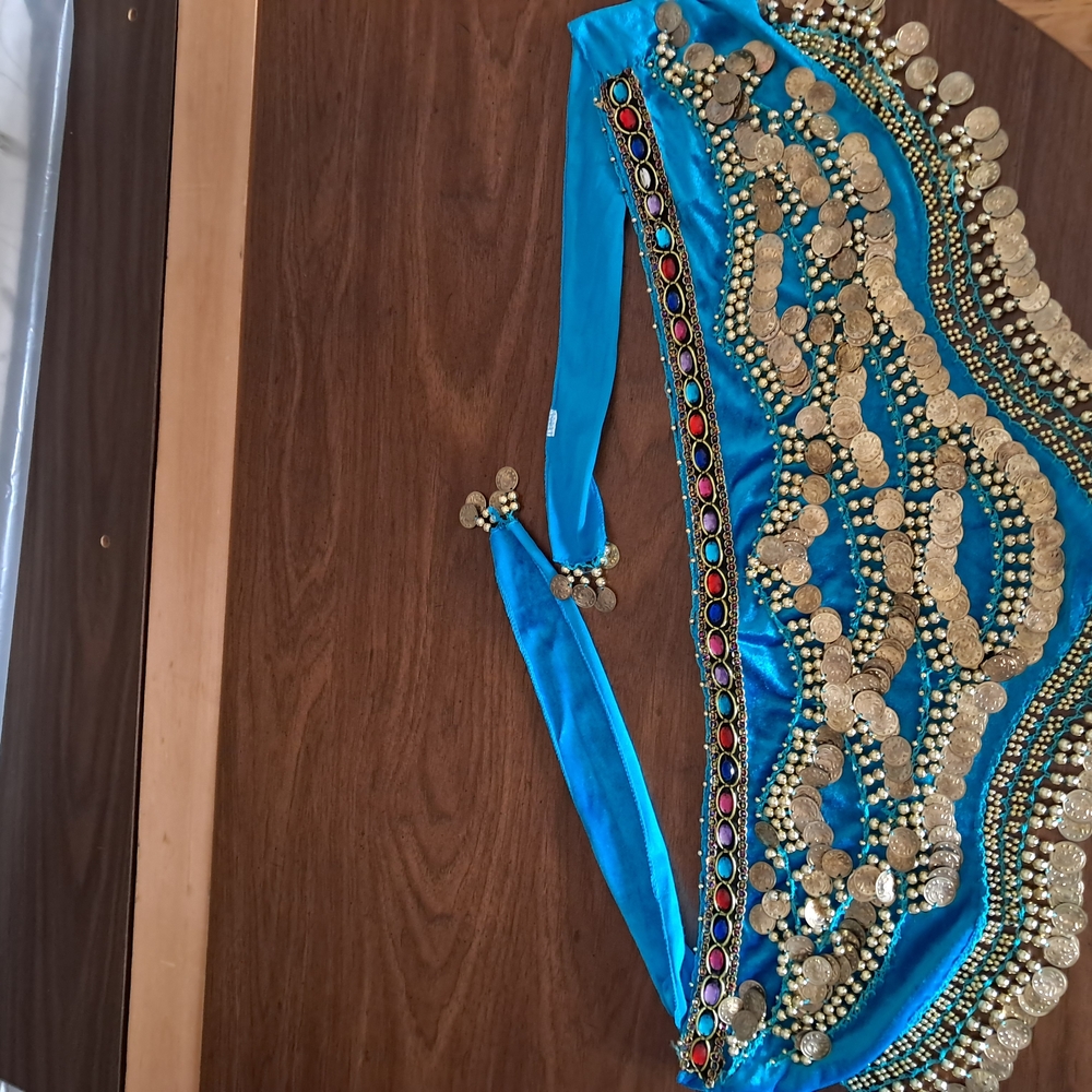 Vibrant Turquoise Velvet Belly Dance Scarf With Gold Coins and Colorful Beads